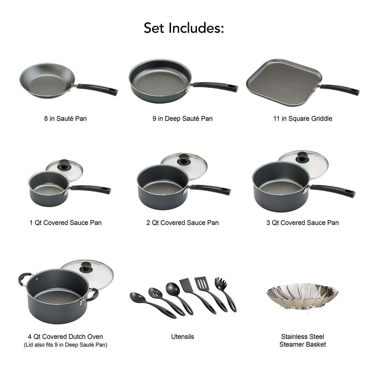 18 Piece Non-stick Steel Gray Cookware Set J5672