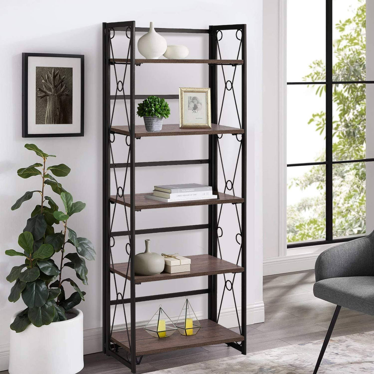 5 Shelf Folding Bookshelf with Metal Frame, Brown E93253