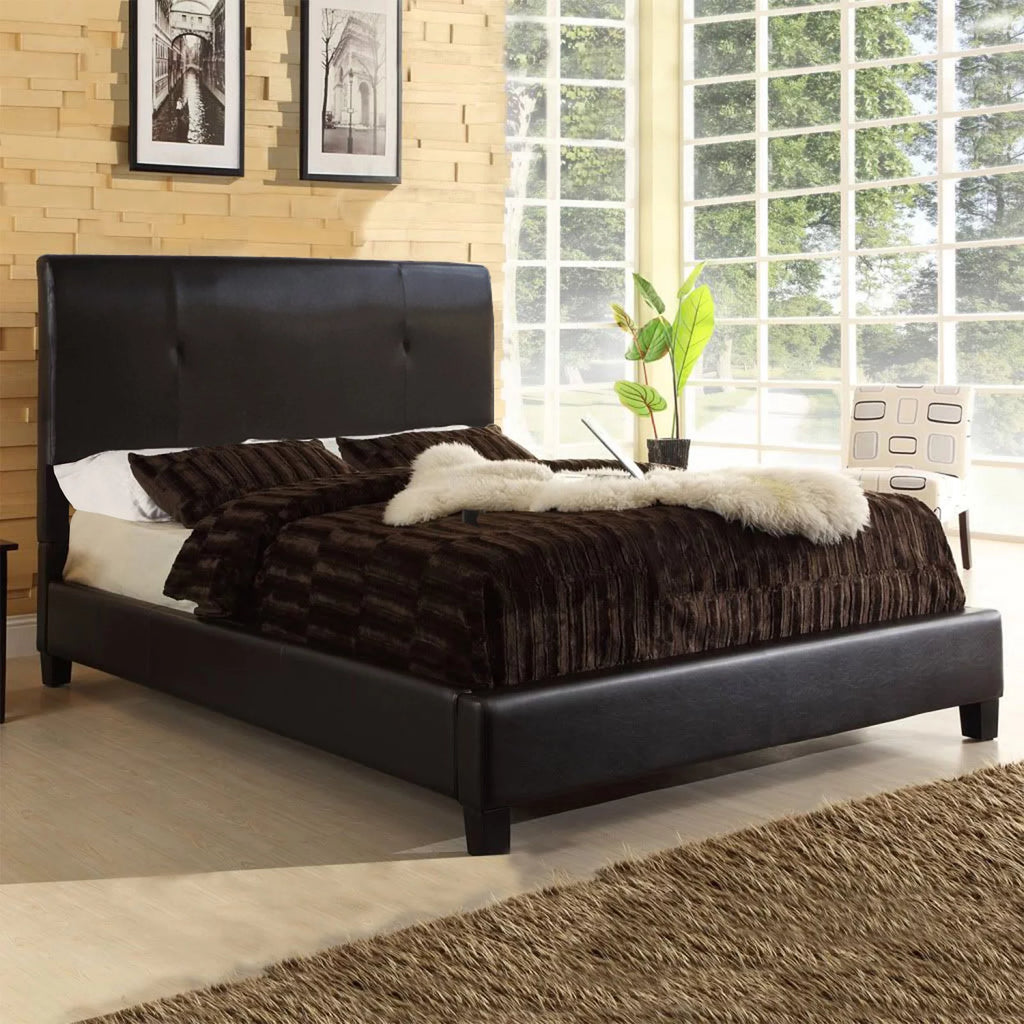 Queen Panel Bed Dark Brown Faux Leather J11466