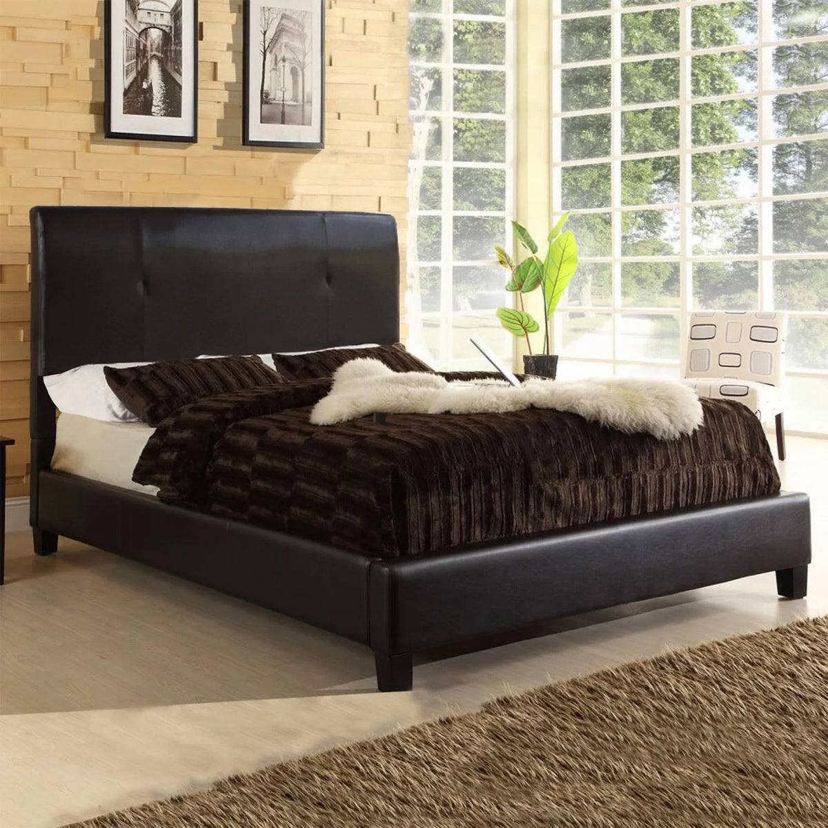 Queen Panel Bed Dark Brown Faux Leather J11466