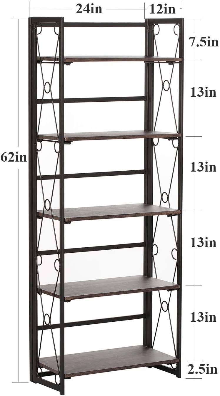 5 Shelf Folding Bookshelf with Metal Frame, Brown E93253