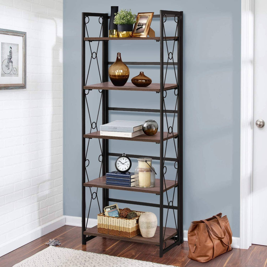 5 Shelf Folding Bookshelf with Metal Frame, Brown E93253