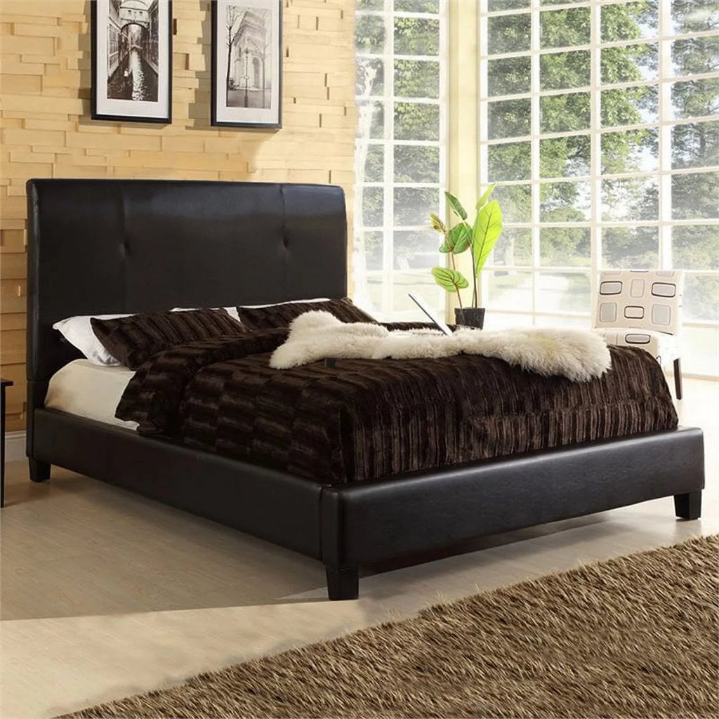 Queen Panel Bed Dark Brown Faux Leather J11466